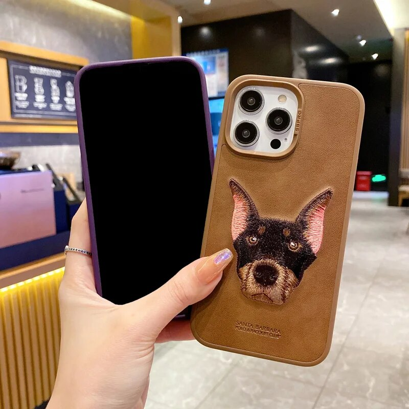 Curtis Series Embroided Luxury Faux Leather With Stitched Dog For iPhone 14 Series
