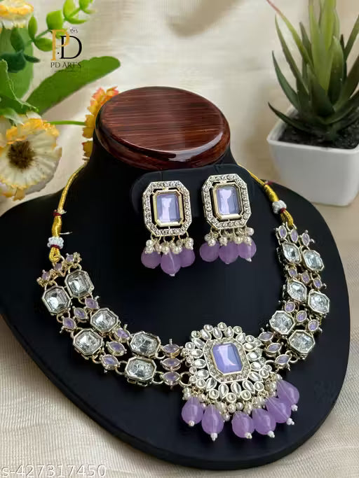 Lavendar Colour Necklace Choker And Earring Set For Women