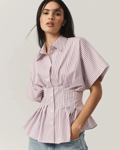 Pleated Cinched Waist Striped Top in Dusty Pink