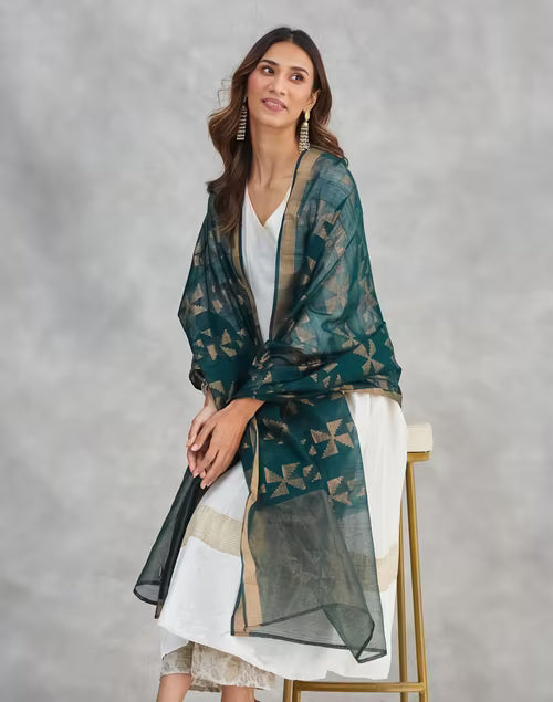 Green Cotton Silk Blend Dupatta