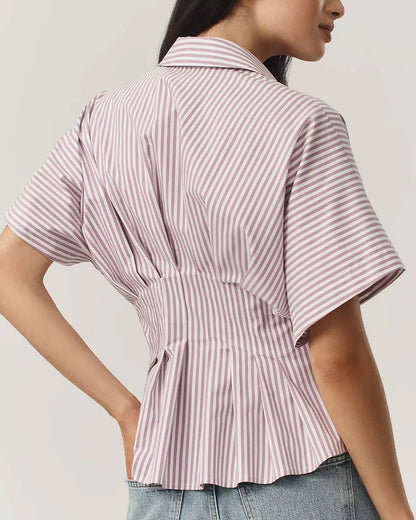 Pleated Cinched Waist Striped Top in Dusty Pink