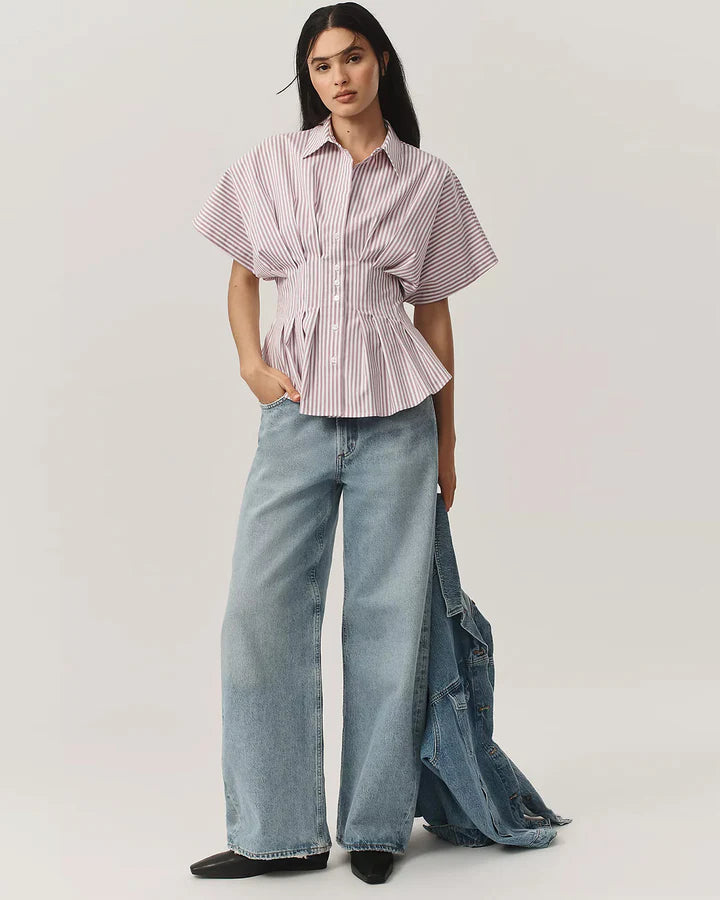 Pleated Cinched Waist Striped Top in Dusty Pink
