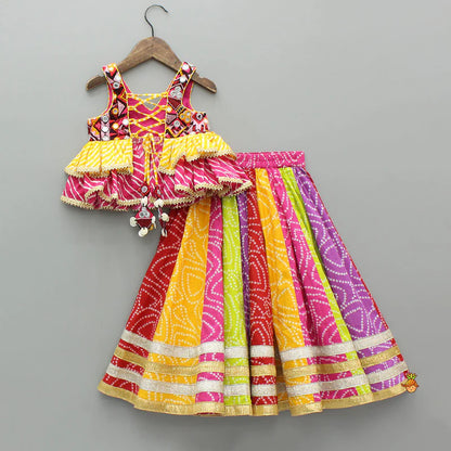 Faux Mirror Embroidered Colourful Tiered Top With Multicolour Bandhani Lehenga And Dupatta With Bandana