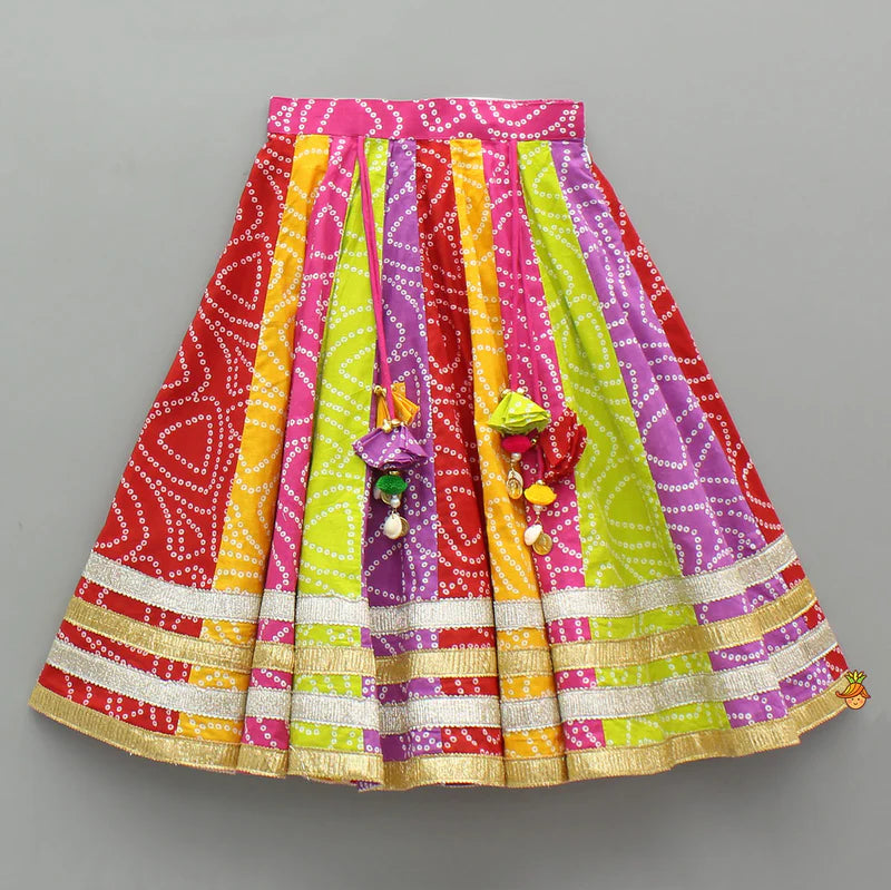 Faux Mirror Embroidered Colourful Tiered Top With Multicolour Bandhani Lehenga And Dupatta With Bandana