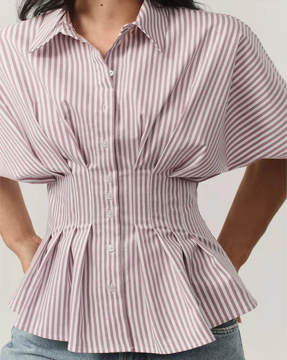 Pleated Cinched Waist Striped Top in Dusty Pink