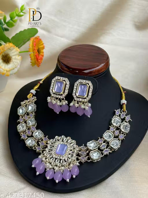 Lavendar Colour Necklace Choker And Earring Set For Women