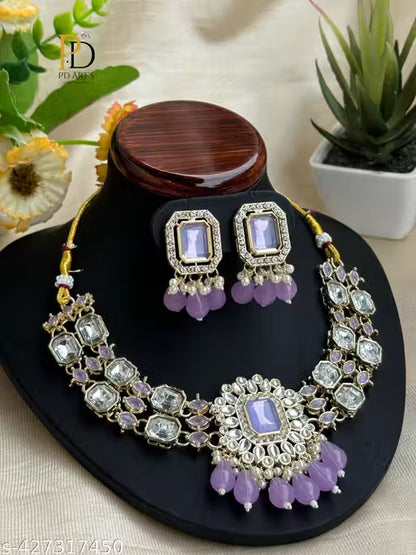 Lavendar Colour Necklace Choker And Earring Set For Women